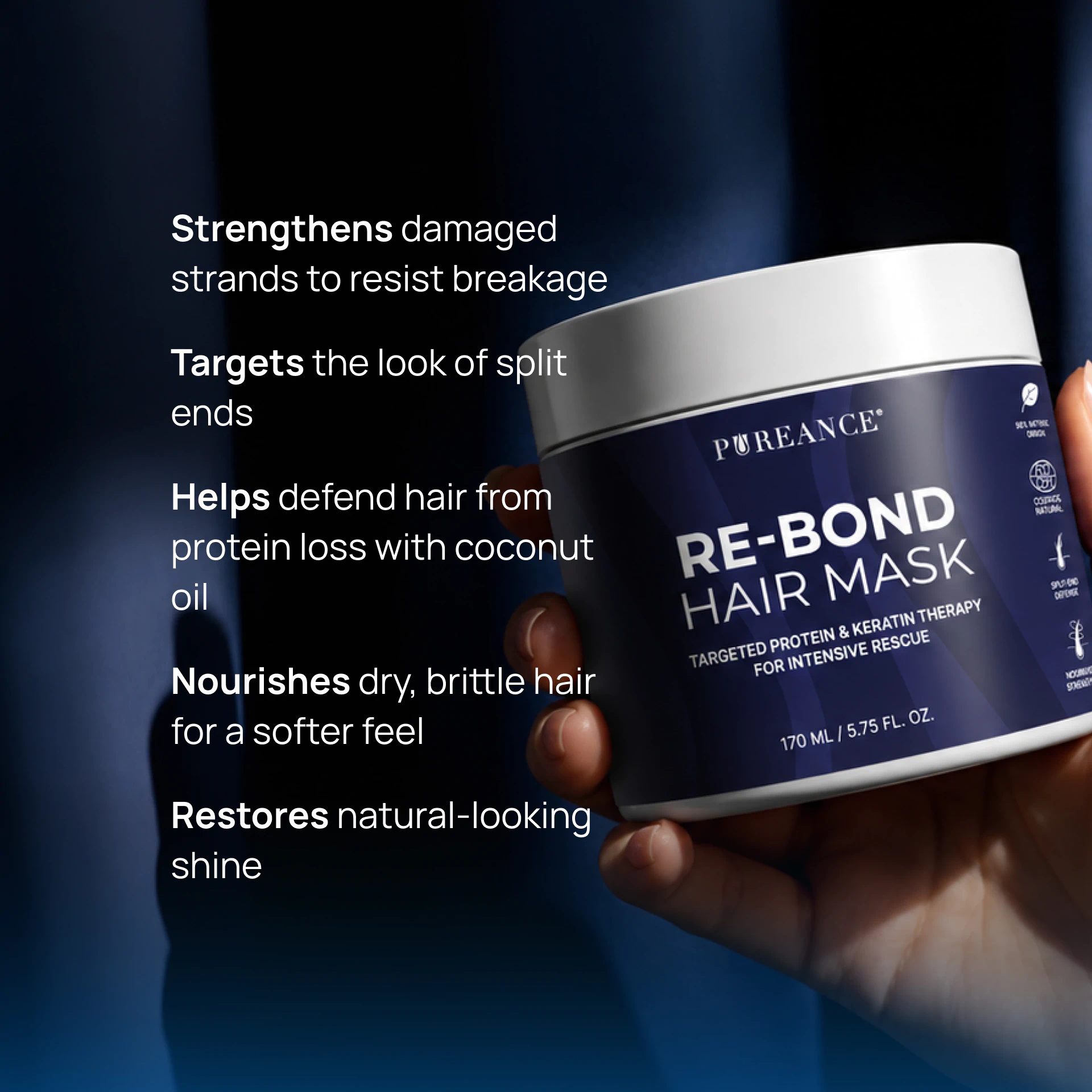 Hand holding Pureance keratin protein treatment with main benefits listed