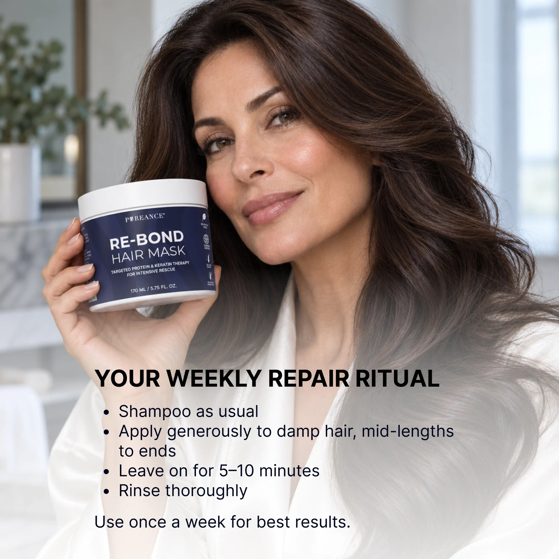 Woman holding Pureance hair mask for keratin in weekly repair ritual