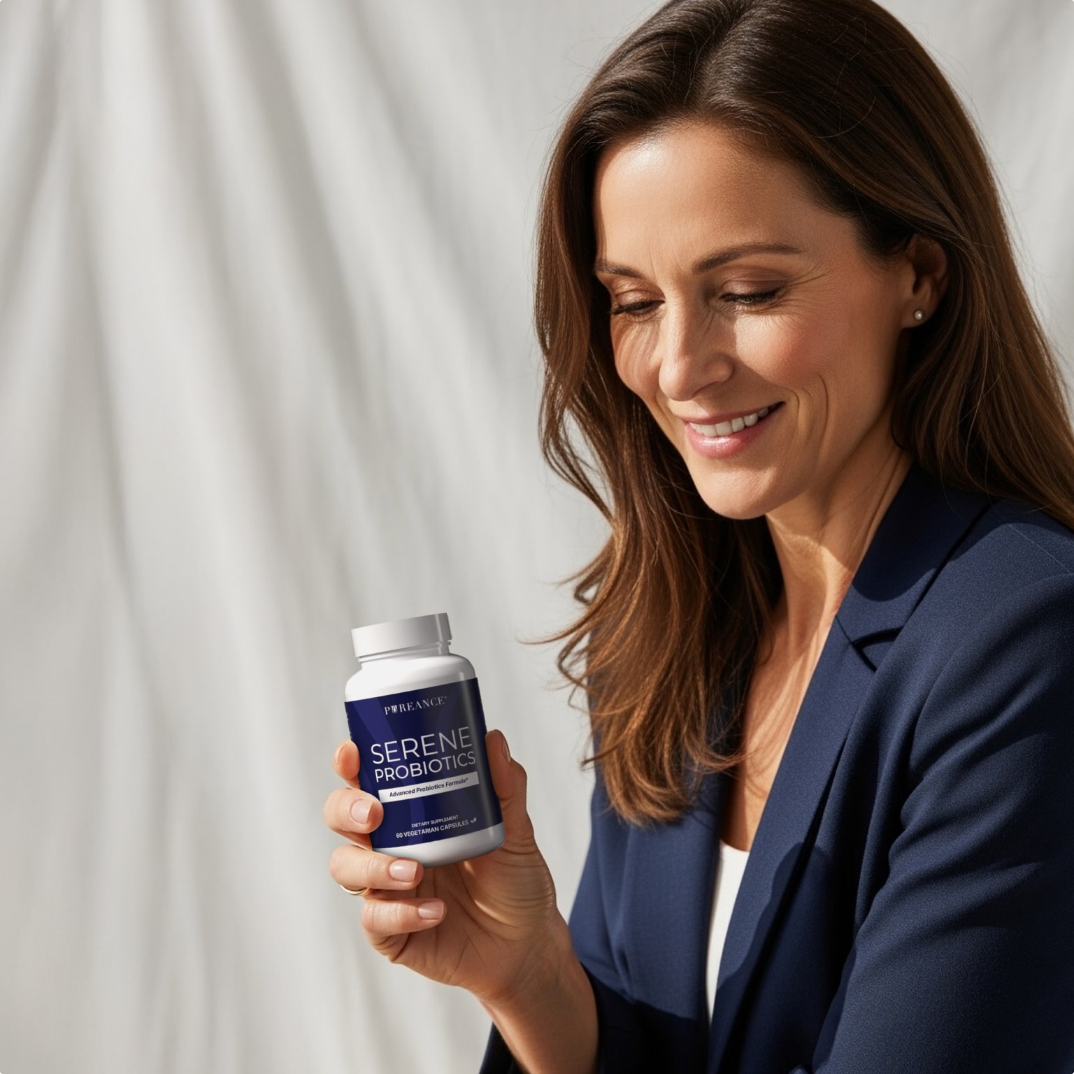 Smiling woman holding Serene Probiotics supplement bottle