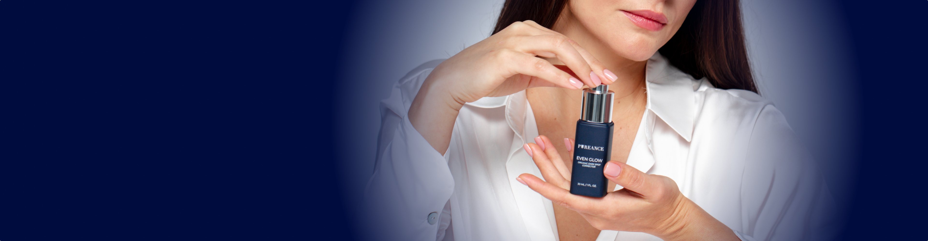 Woman holding Pureance Even Glow bottle with quiz prompt