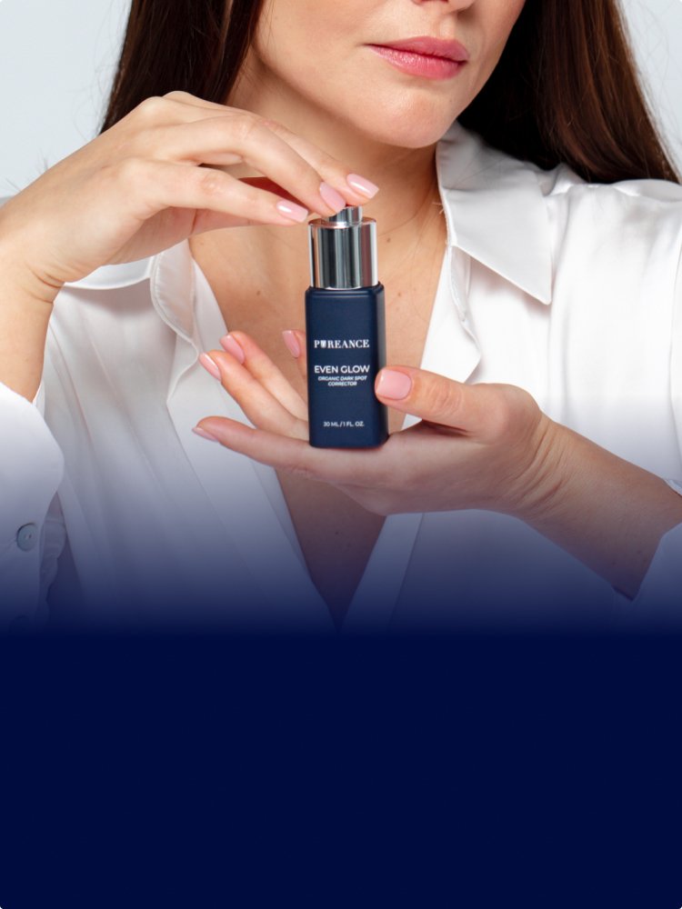 Woman holding Pureance Even Glow bottle with quiz prompt