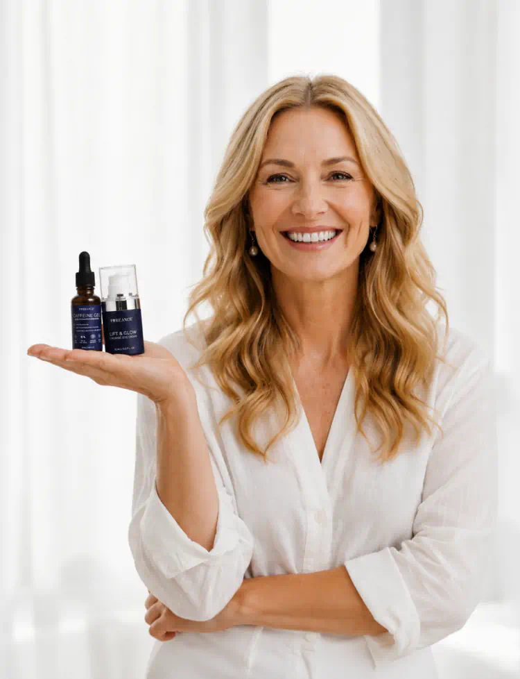 Woman holding Pureance Lift & Glow and Caffeine Gel products