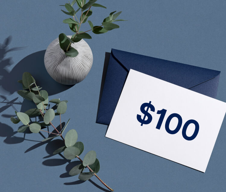 Minimalist composition with a white vase, eucalyptus branches, a navy blue envelope, and a card displaying $100
